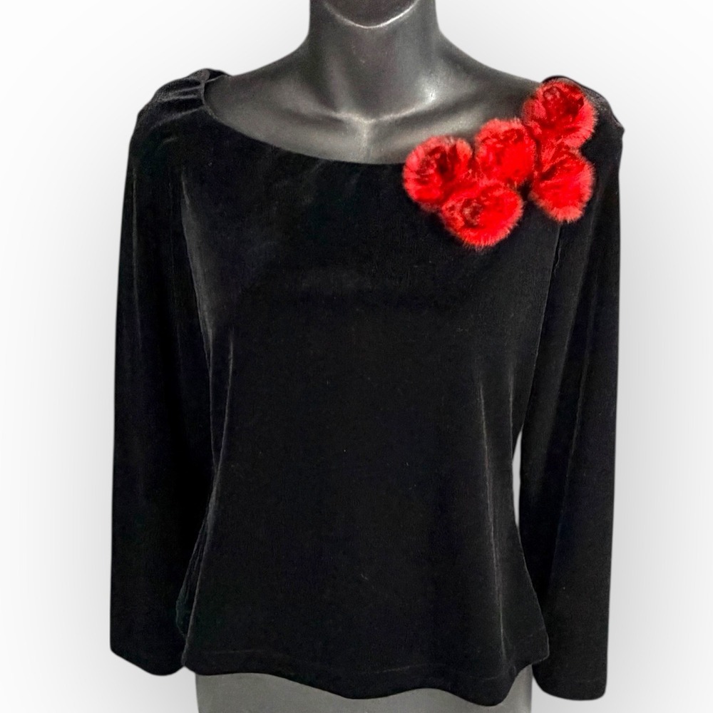 Vtg 90s Cachet Black Velvet Womens Top Red Feathers size M Gothic‎ Whimsigoth